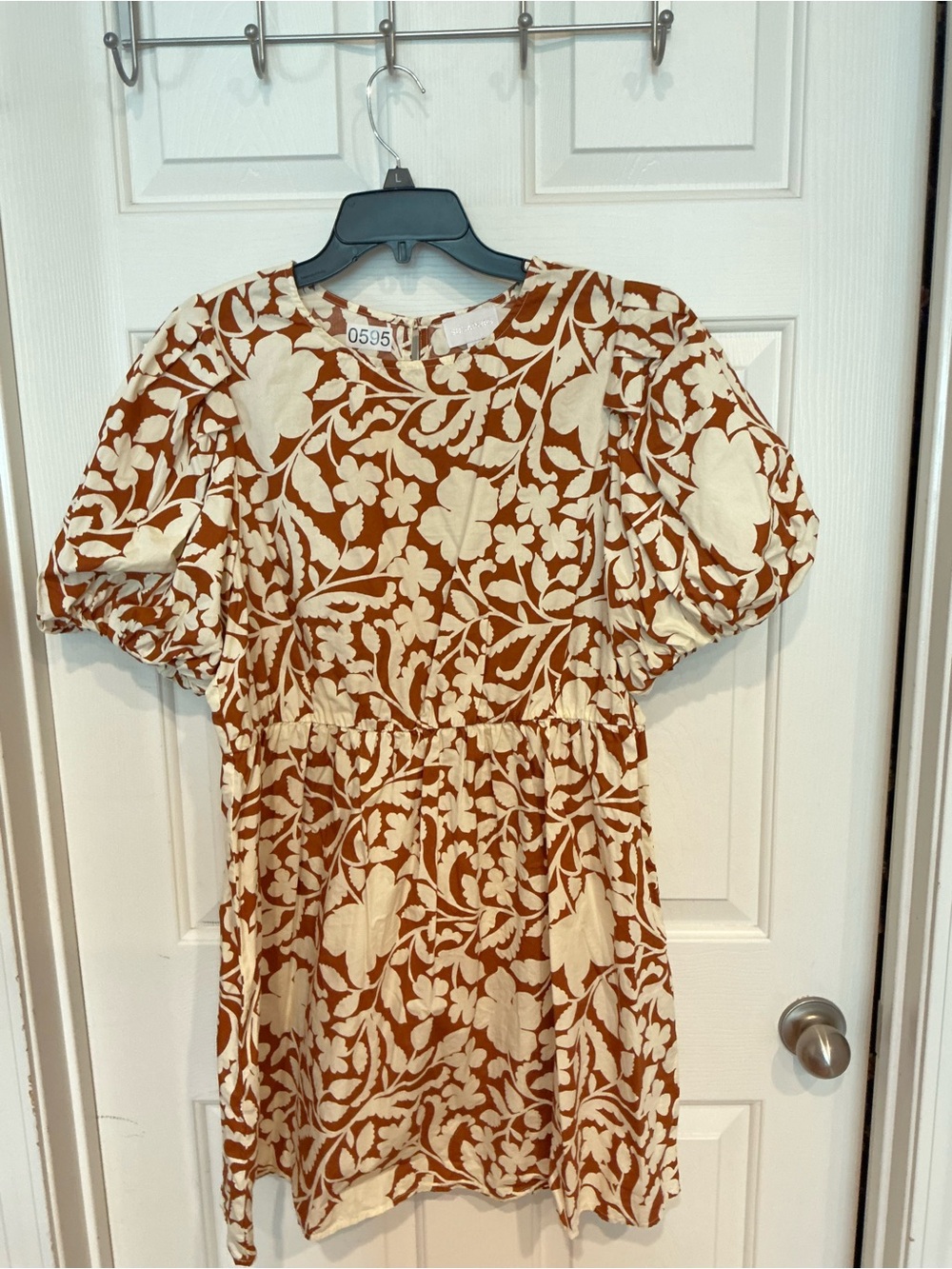 Sugarlips Cream & Brown Floral Puff-Sleeve Mini Dress
